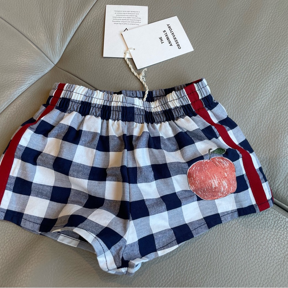 NWT Animal observatory Blue and White Checkered Shorts with Red Apple Patch